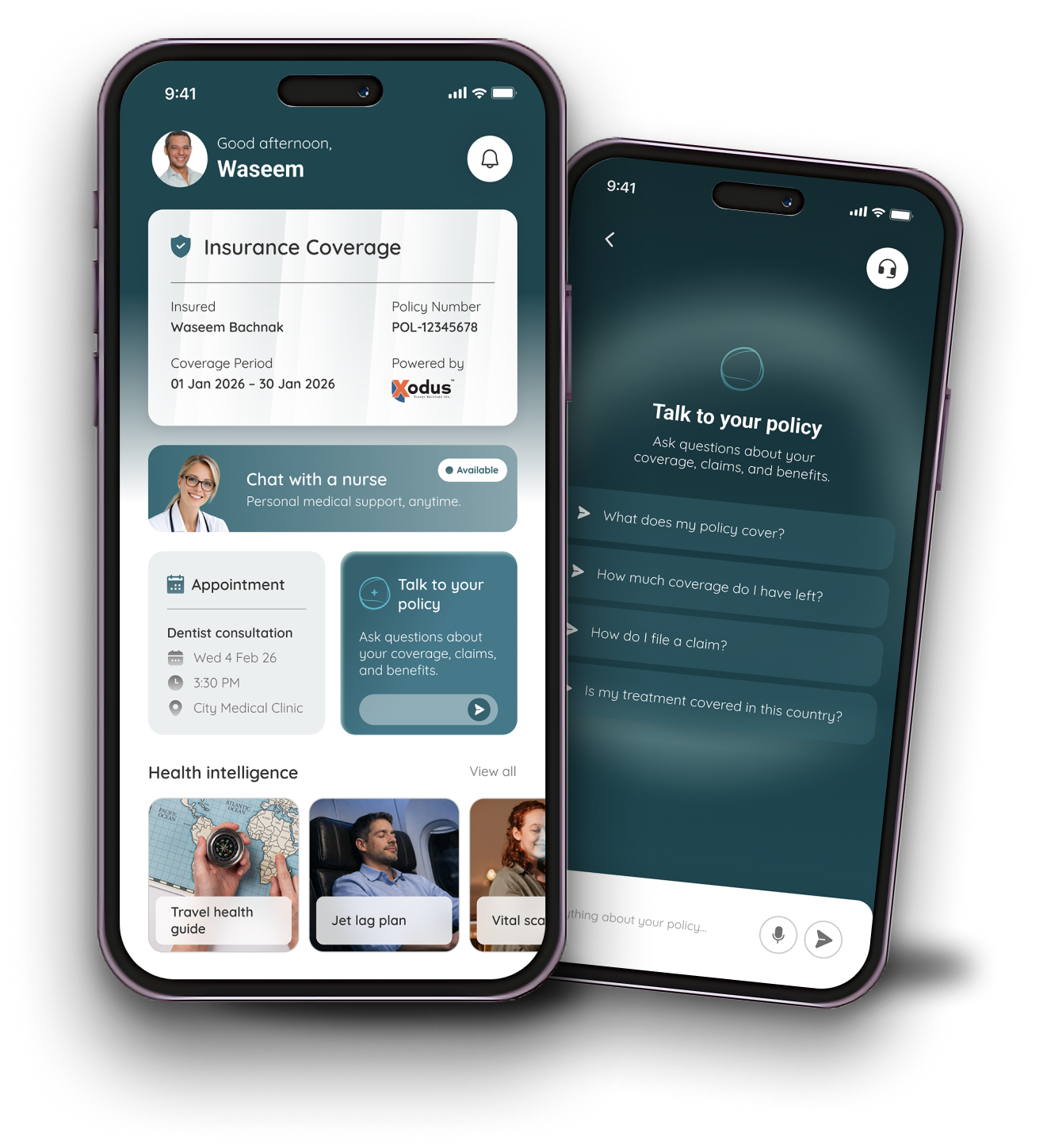 Tiba app on two phones showing health dashboard and care features