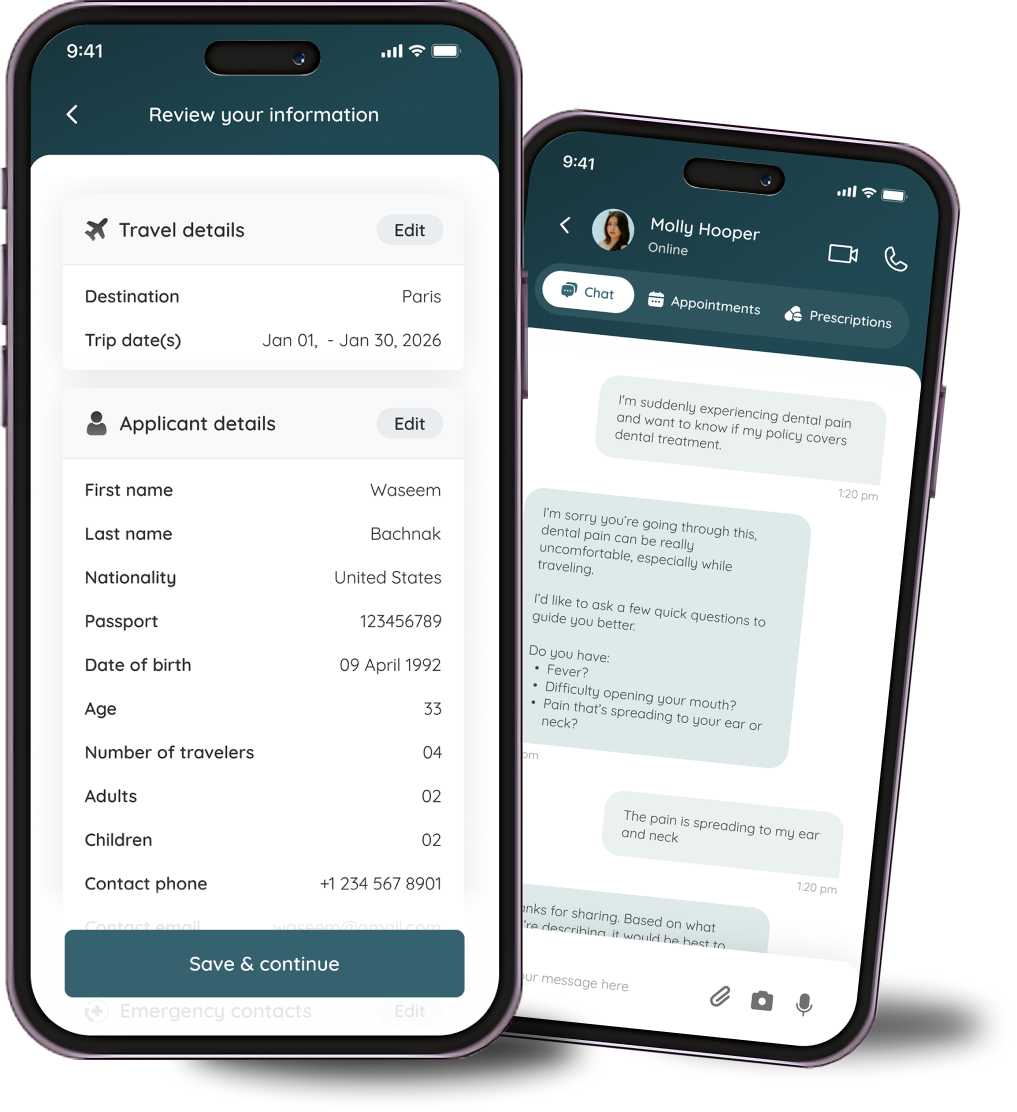 Tiba app on two phones showing trip and care screens