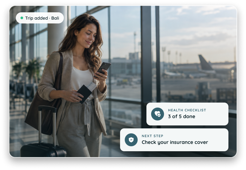 Traveller at the airport with Tiba trip and checklist overlays