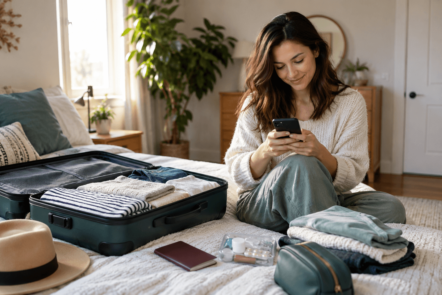 Traveller packing a suitcase at home while checking her phone