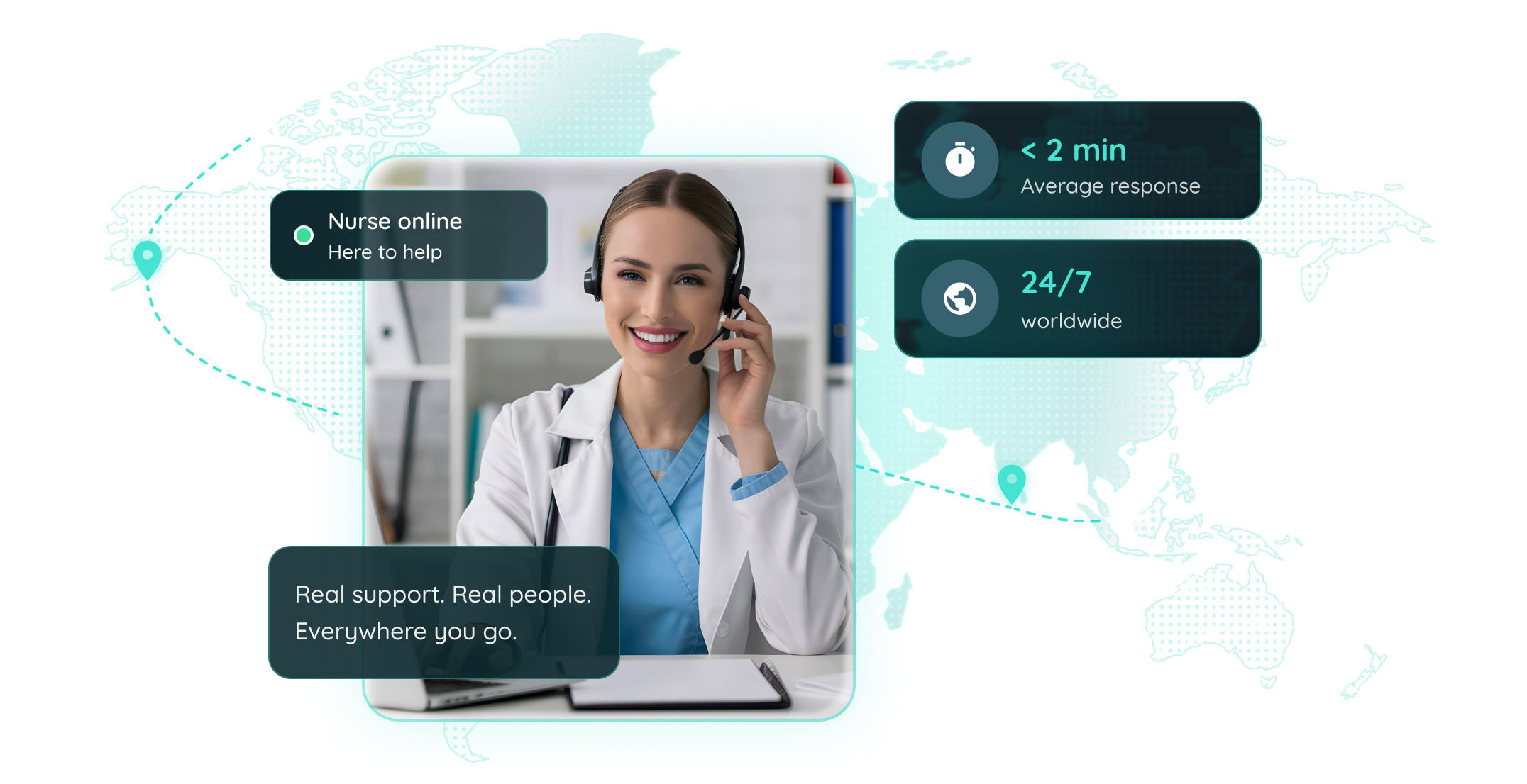 Nurse online, here to help. Real support, real people, everywhere you go. Average response under 2 minutes, available 24/7 worldwide.
