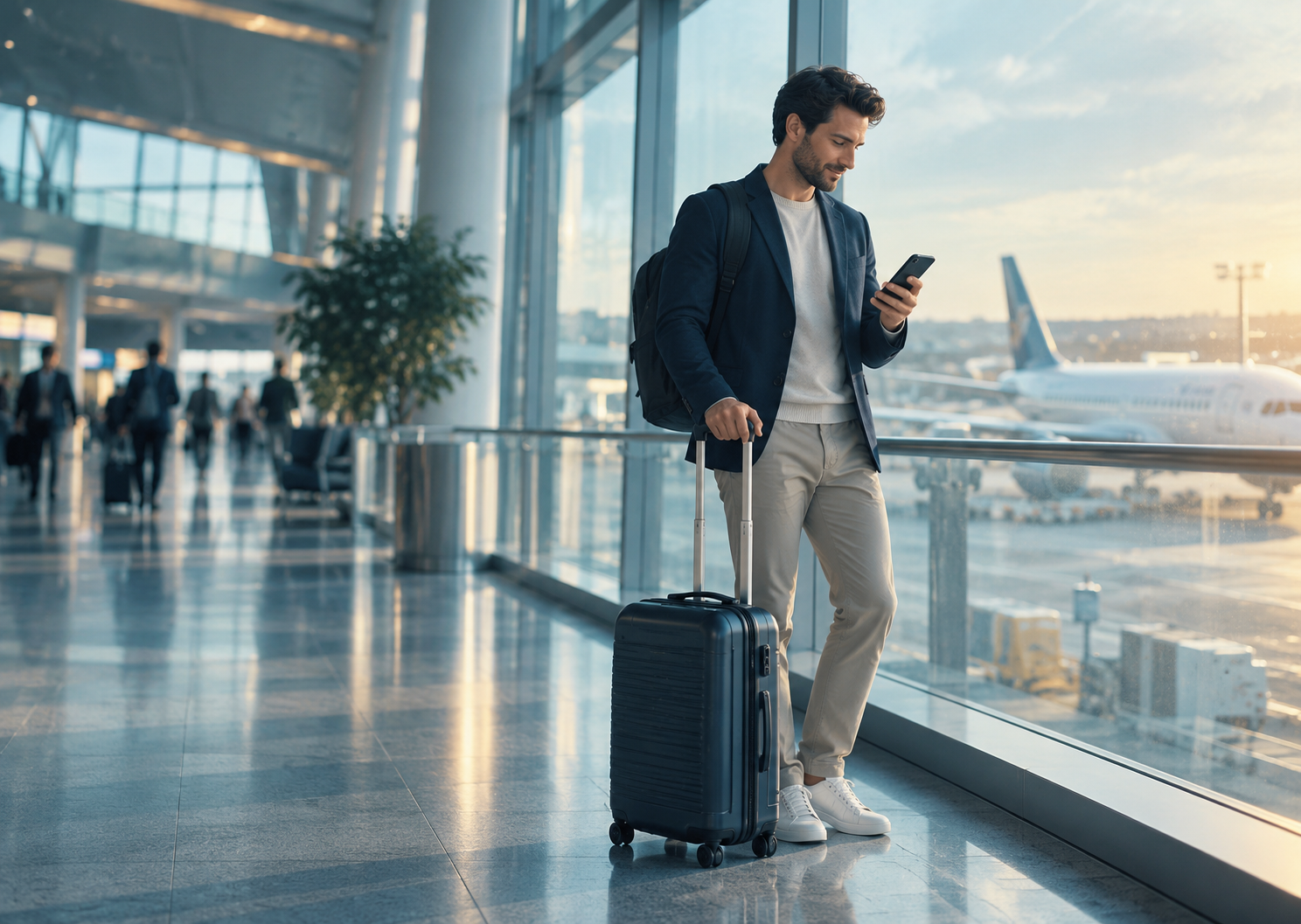 Traveler with suitcase checking phone in an airport terminal